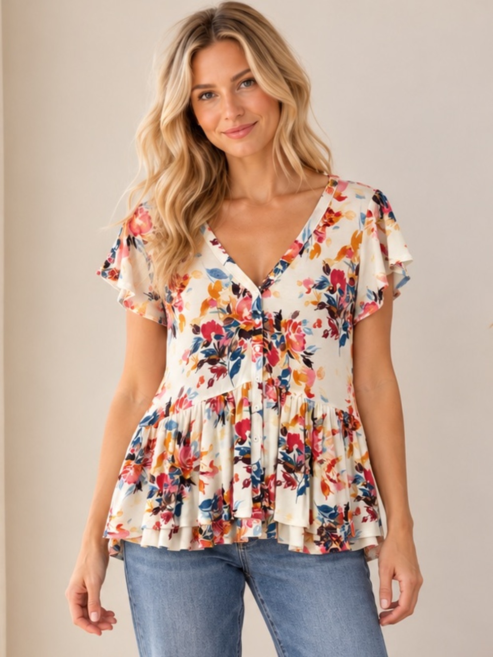 torrid Cream Floral V-Neck Ruffled Peplum Top Boho Aesthetic